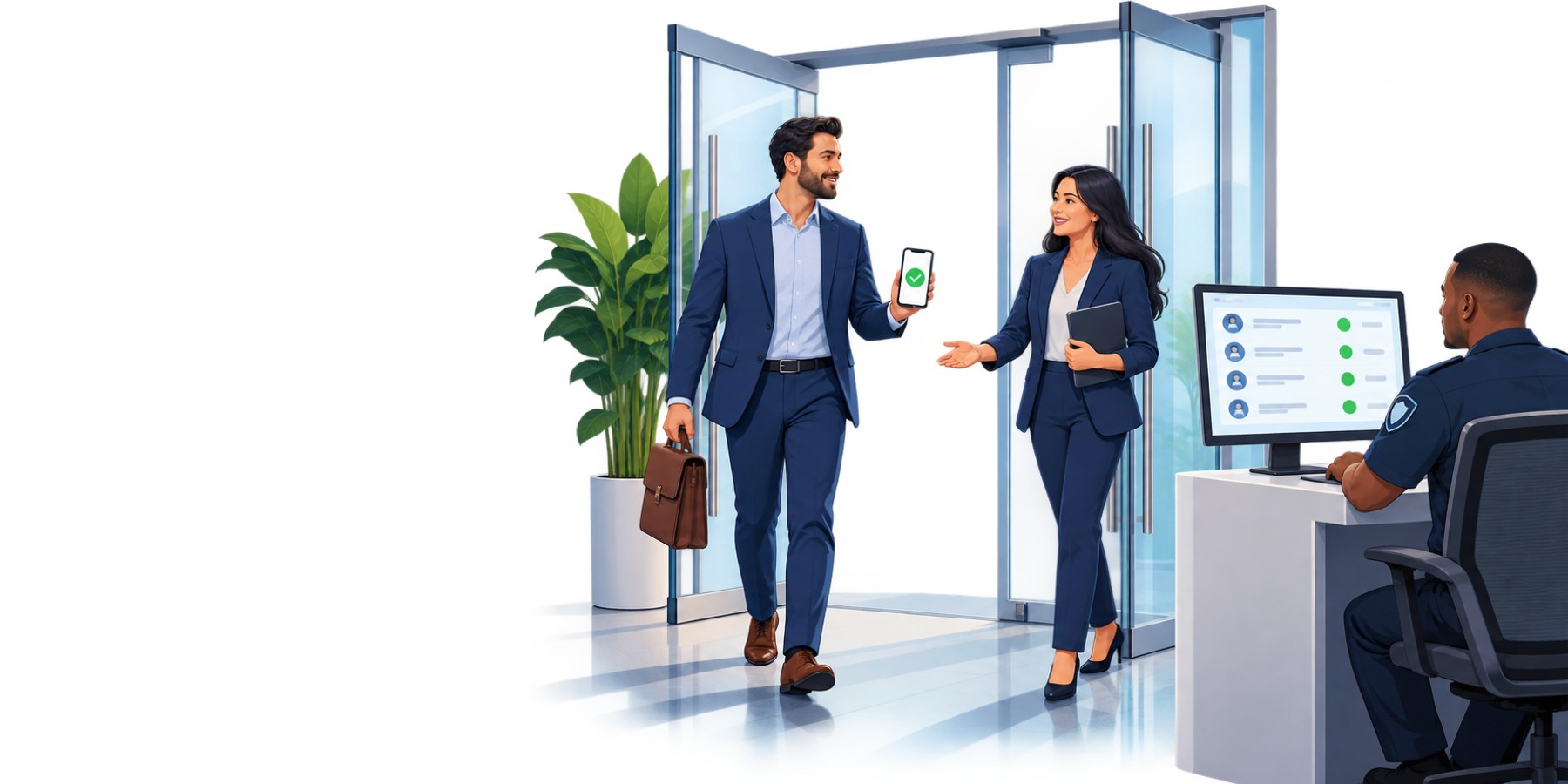An approved visitor entering the workplace while the host welcomes them and security monitors live status