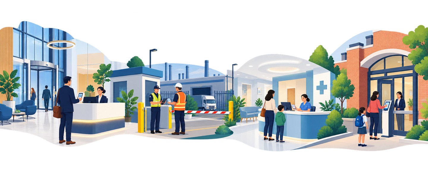 Visitor management examples across an office, factory, hospital, and school