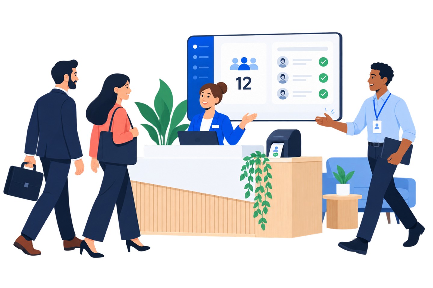 Visitor management system illustration showing reception, visitors and a live workplace dashboard