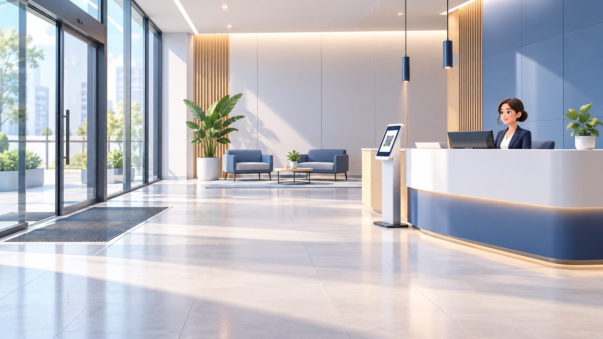 An illustrated workplace reception using visitor management software