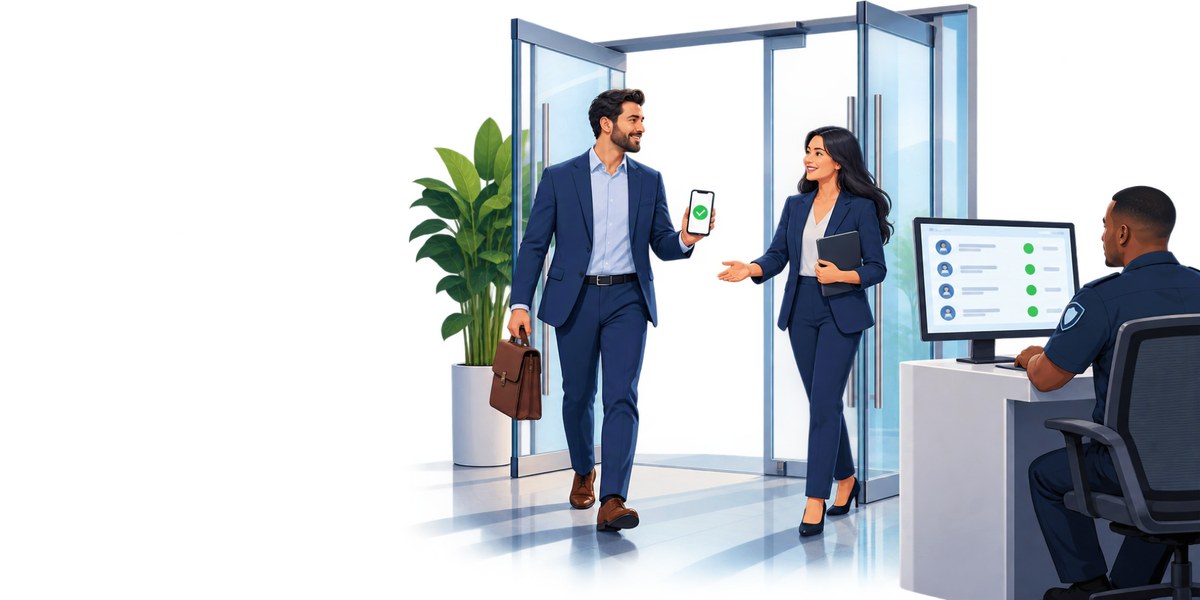 An approved GateGuard visitor entering a modern workplace